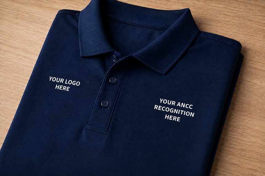 Co-branded polo pairing your organization's logo with the ANCC credentialing mark